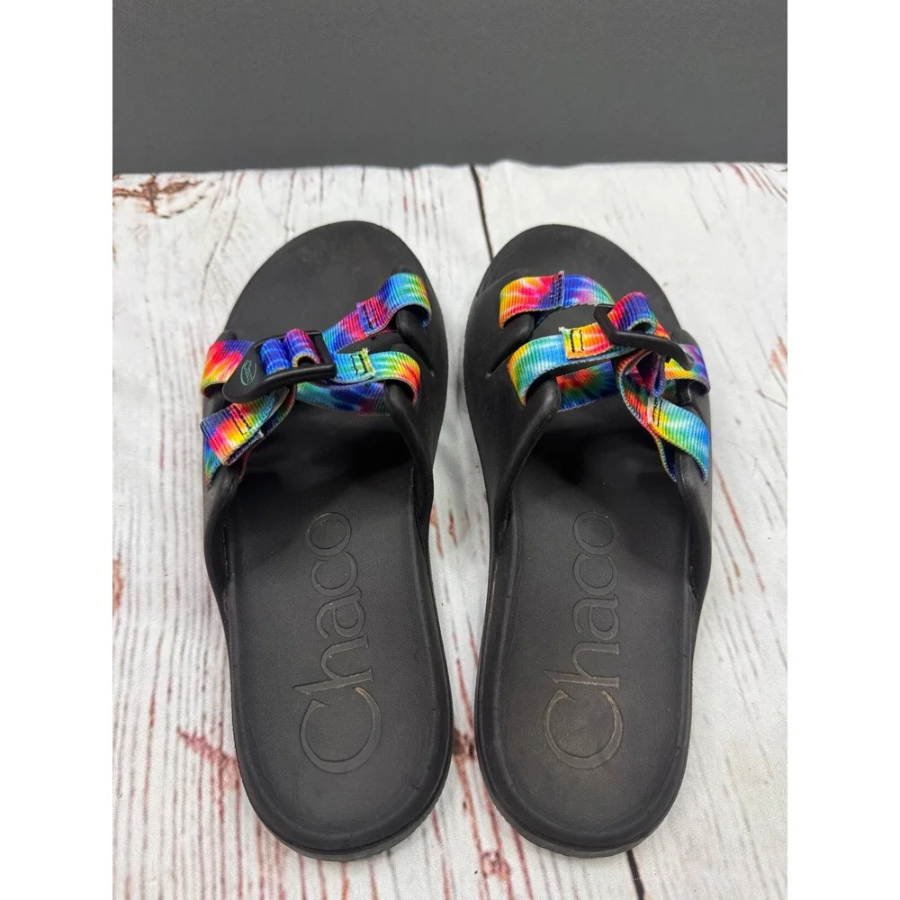 Chaco Chillos Slide Sandals Kids Black Rainbow Tie Dye Adjustable Straps Size 5‎